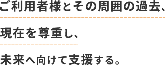 ご利用者様とその周囲の過去、現在を尊重し、未来へ向けて支援する。